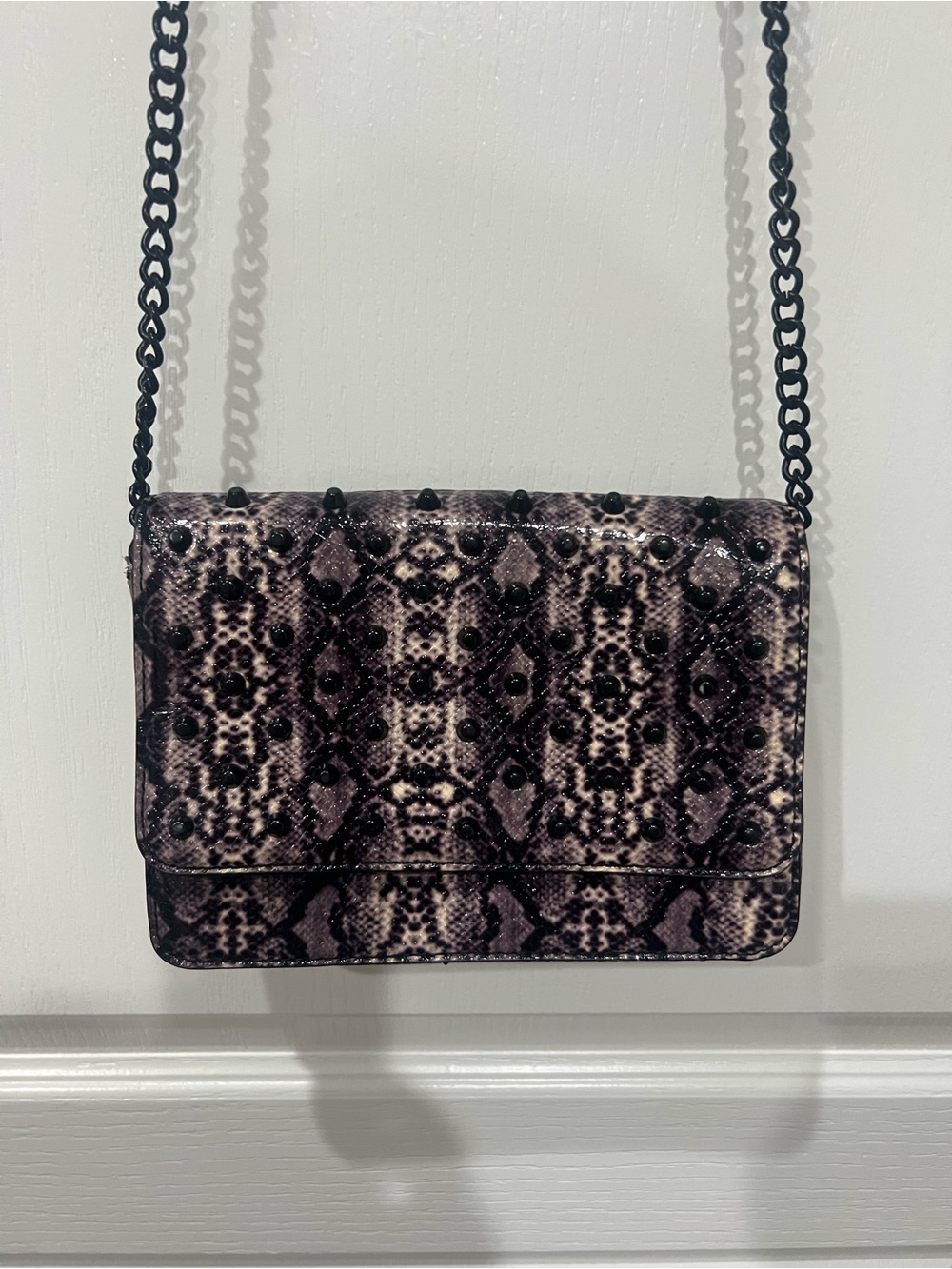 Gianni Bini Snake-Print Studded Crossbody in Black and Gray